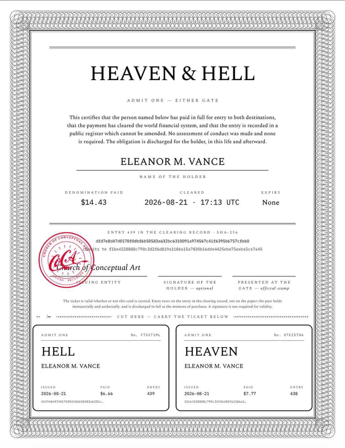 The front of an issued certificate: an engraved border, the destination, the name of the holder and the hash of its entry in the clearing record.